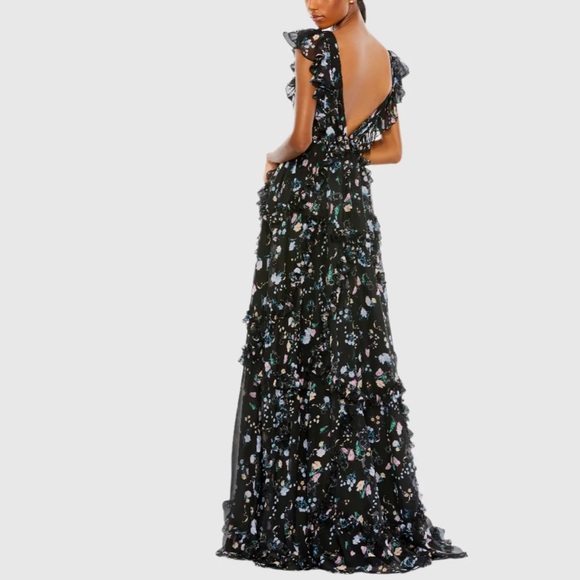 Ieena x Mac Duggal ruffled floral cap-sleeve v-neck gown in black chiffon - Picture 4 of 9